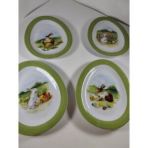 SET OF 4 WILLIAMS SONOMA 'VINTAGE BUNNY' PATTERN EGG SHAPED PLATES 7 .5” x 9.5"